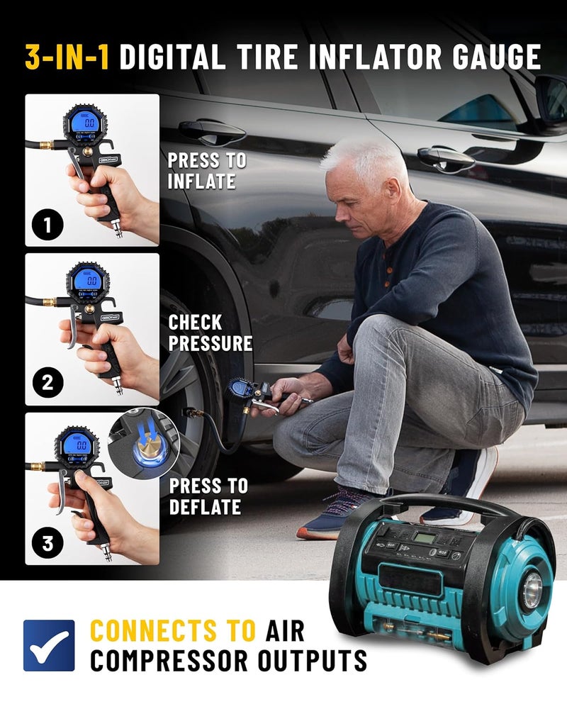 مقياس ضغط الإطارات الرقمي مع منفاخ (3-200 PSI)، وصلة هواء ثقيلة وملحقات ضاغط مع وصلة هواء دوارة، خرطوم أطول، شاشة كبيرة (دقة 0.1) - Image 2