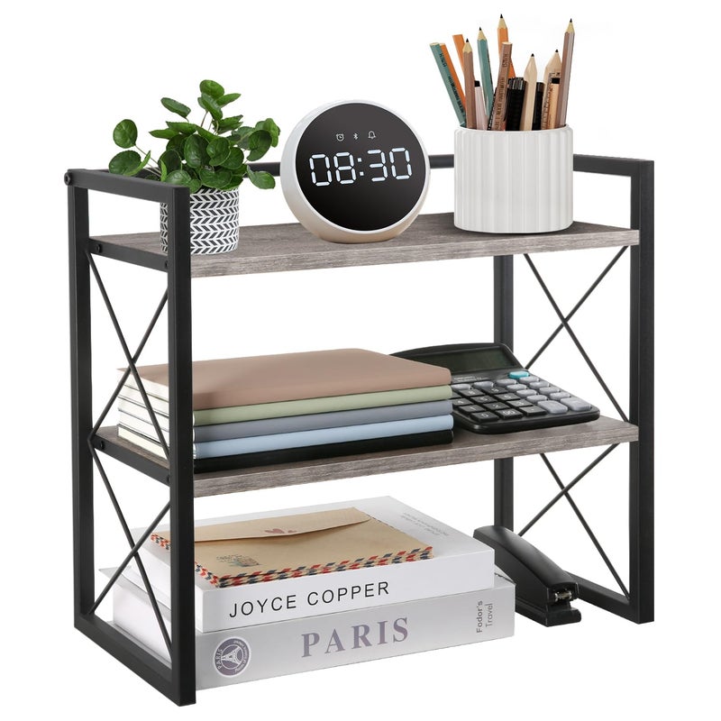 YINMIT Desktop Shelf Organizer, 2 Tier Office Shelves, Wood Desk Organizer Storage Rack and Freestanding Display Shelf for Office, Dormitory, Home (Grey) - Image 1