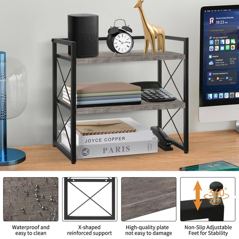 YINMIT Desktop Shelf Organizer, 2 Tier Office Shelves, Wood Desk Organizer Storage Rack and Freestanding Display Shelf for Office, Dormitory, Home (Grey) - Image 4