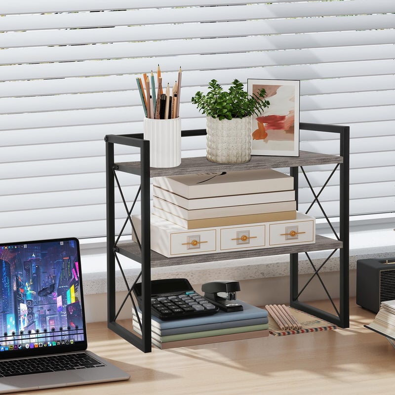 YINMIT Desktop Shelf Organizer, 2 Tier Office Shelves, Wood Desk Organizer Storage Rack and Freestanding Display Shelf for Office, Dormitory, Home (Grey) - Image 2
