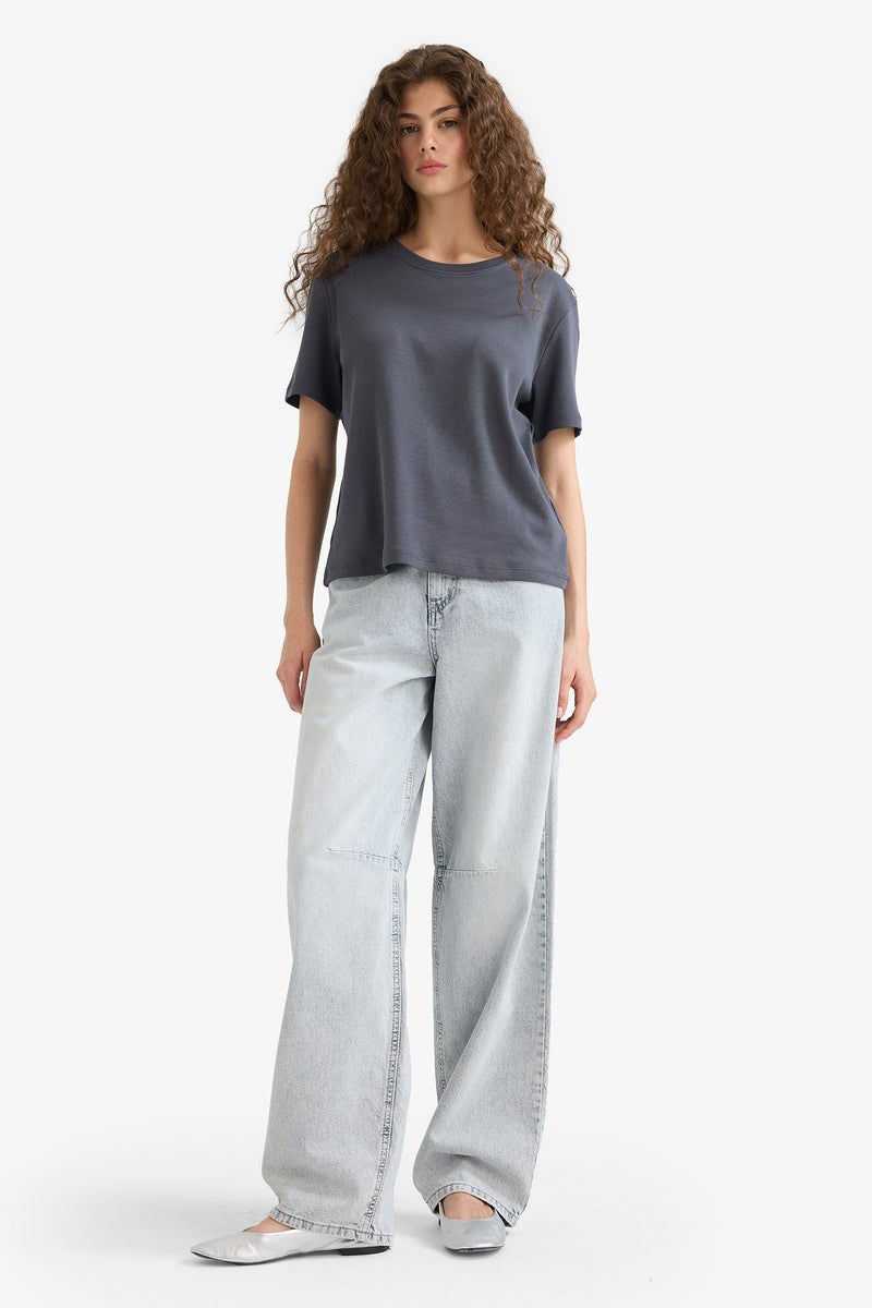 DeFacto Grey Woman Regular Fit Crew Neck Short Sleeve T-Shirt Casual - Image 2