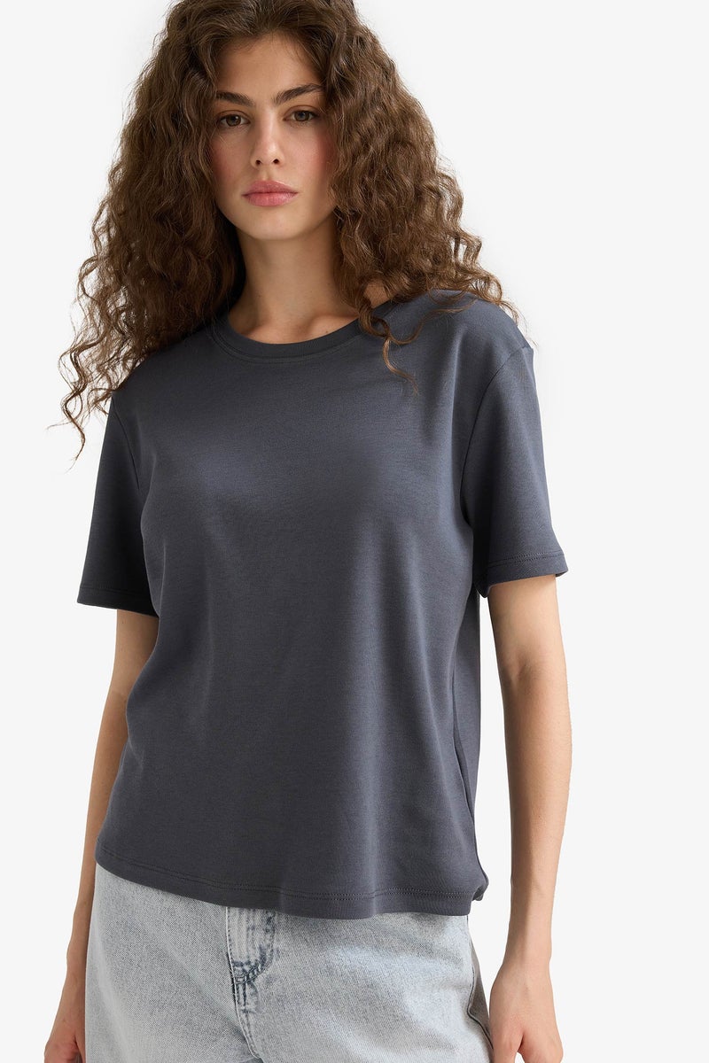 DeFacto Grey Woman Regular Fit Crew Neck Short Sleeve T-Shirt Casual - Image 1