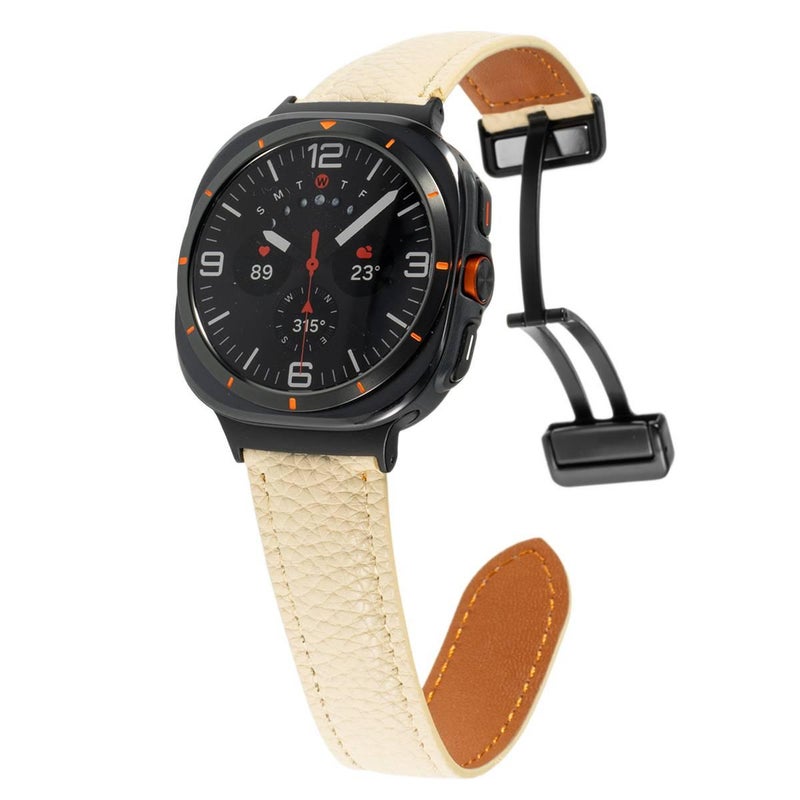 AD White Classic Leather Strap Smartwatch Band Compatible with Samsung Galaxy Watch Ultra with Adjustable Fit Replacement Strap for Daily Wear - Image 1