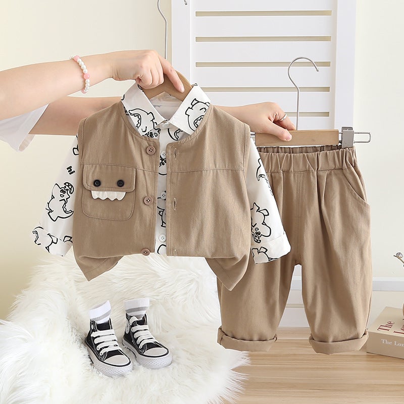 Children'S Wear 2024 New 0-4 Year Old Boy Woven Dinosaur Pocket Workwear Vest Three-Piece Fashionable Set - Image 3