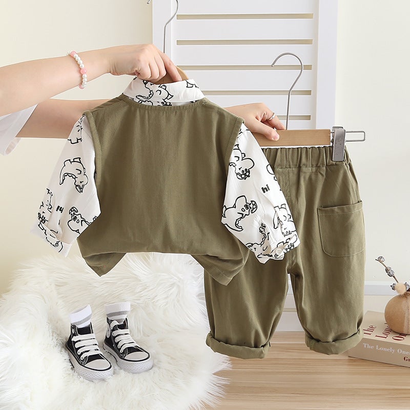 Children'S Wear 2024 New 0-4 Year Old Boy Woven Dinosaur Pocket Workwear Vest Three-Piece Fashionable Set - Image 5