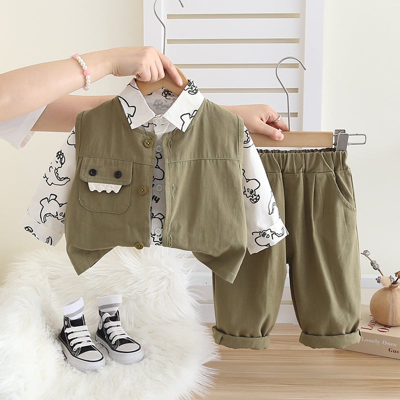 Children'S Wear 2024 New 0-4 Year Old Boy Woven Dinosaur Pocket Workwear Vest Three-Piece Fashionable Set - Image 1