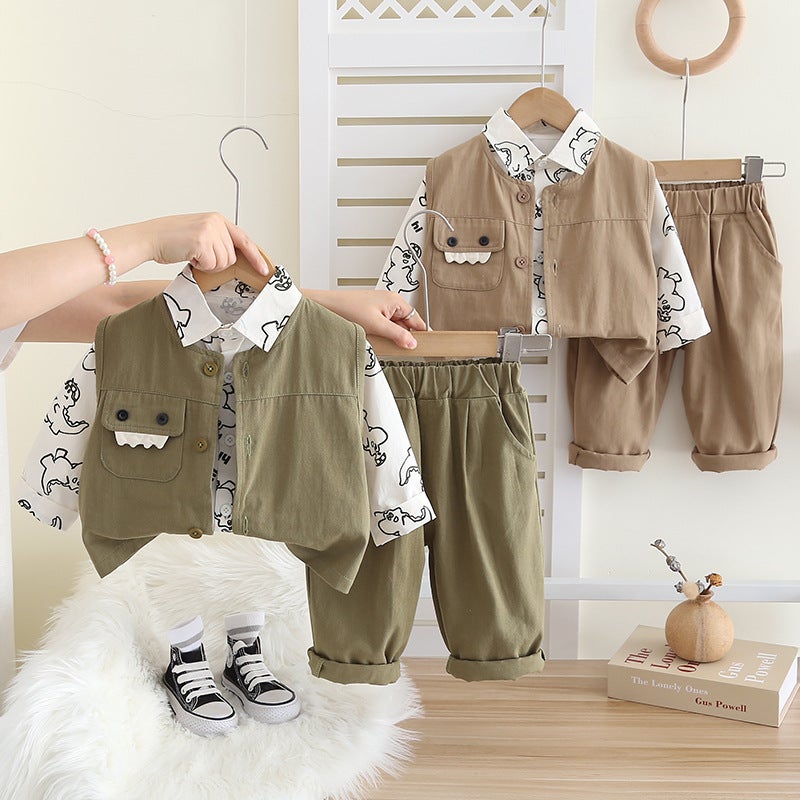 Children'S Wear 2024 New 0-4 Year Old Boy Woven Dinosaur Pocket Workwear Vest Three-Piece Fashionable Set - Image 2