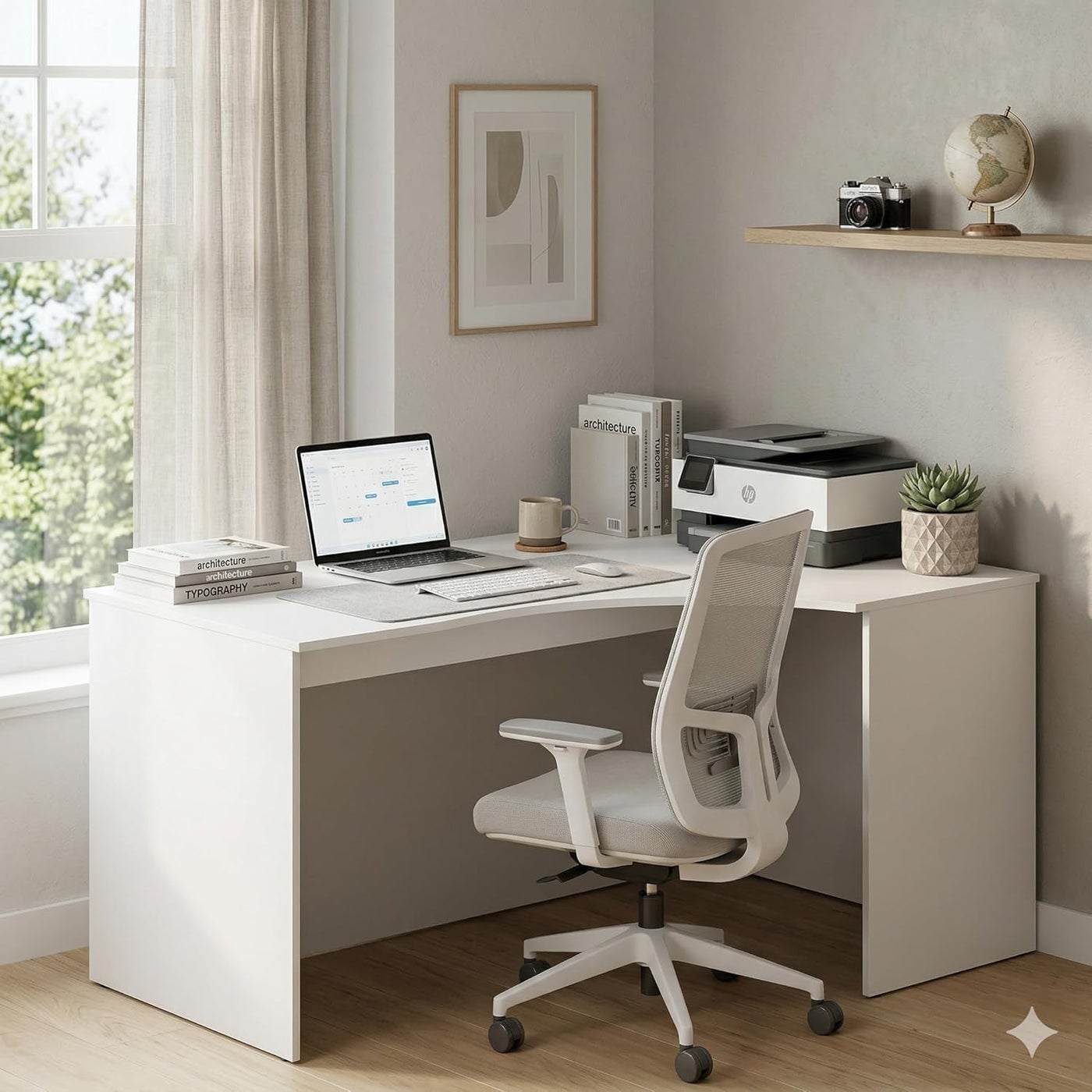 Skyland White Ergonomic Corner Office Desk Right-Hand 140x90cm, Reinforced Computer Table with Ergo Cutout and Adjustable Feet, European Quality