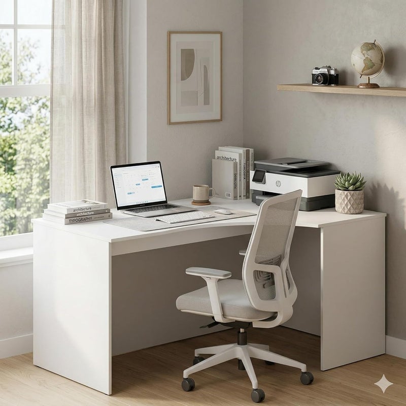 Sky Land Skyland White Ergonomic Corner Office Desk Right-Hand 140x90cm, Reinforced Computer Table with Ergo Cutout and Adjustable Feet, European Quality - Image 1