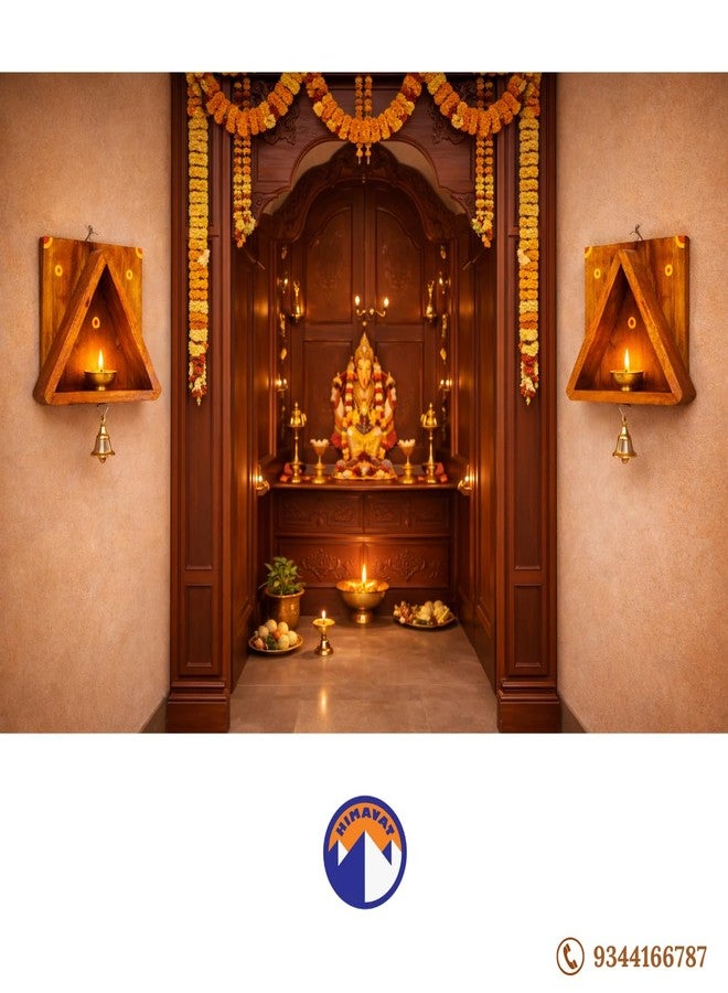 Himavat Handcrafted 100% Full Teakwood Diya Stand with Brass Bell | Wall Mounted Wooden Vilakku Madam for Traditional Home Pooja & Mandir Décor (1) - Image 4