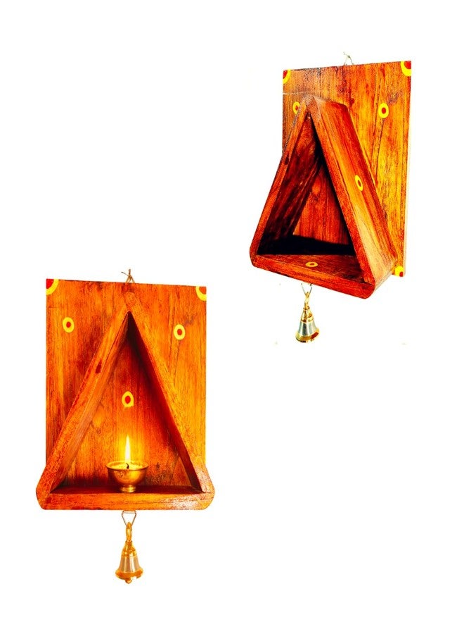 Himavat Handcrafted 100% Full Teakwood Diya Stand with Brass Bell | Wall Mounted Wooden Vilakku Madam for Traditional Home Pooja & Mandir Décor (1) - Image 1