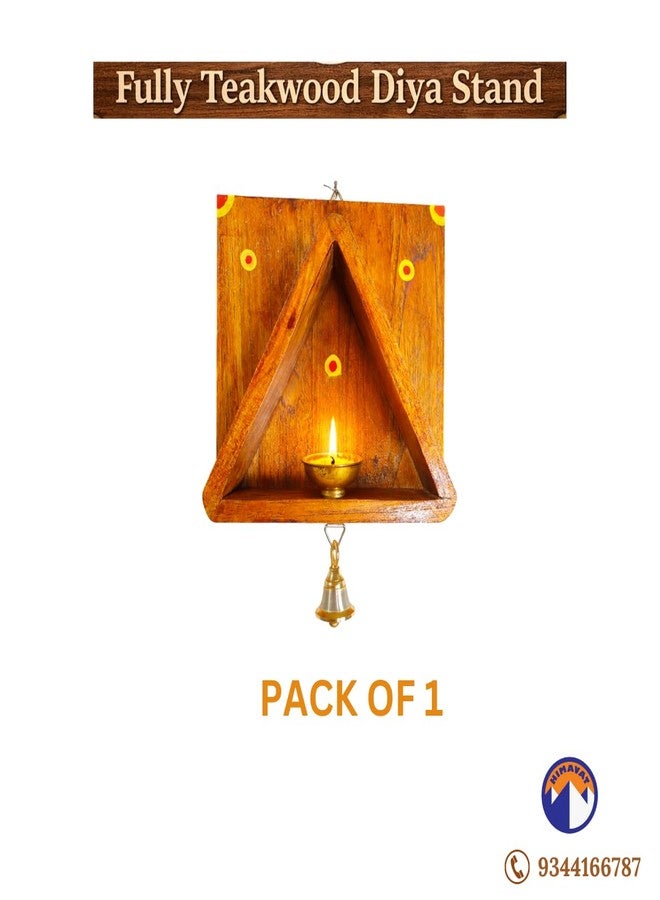 Himavat Handcrafted 100% Full Teakwood Diya Stand with Brass Bell | Wall Mounted Wooden Vilakku Madam for Traditional Home Pooja & Mandir Décor (1) - Image 2