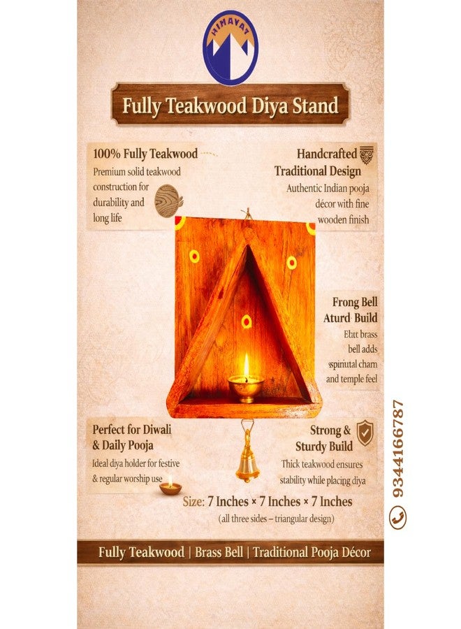 Himavat Handcrafted 100% Full Teakwood Diya Stand with Brass Bell | Wall Mounted Wooden Vilakku Madam for Traditional Home Pooja & Mandir Décor (1) - Image 5