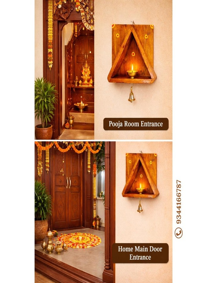 Himavat Handcrafted 100% Full Teakwood Diya Stand with Brass Bell | Wall Mounted Wooden Vilakku Madam for Traditional Home Pooja & Mandir Décor (1) - Image 3