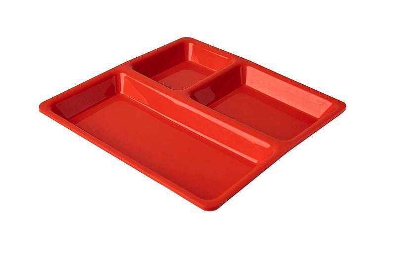 URMILA PLASTIC® Food-Grade Plastic 3 in 1 Compartments Pav Bhaji Plate Dinner Plates Serving Plates Red Set of 12 - Image 1