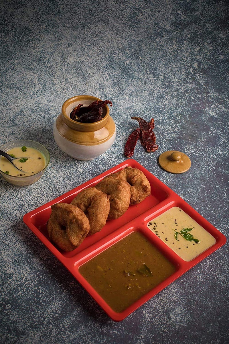 URMILA PLASTIC® Food-Grade Plastic 3 in 1 Compartments Pav Bhaji Plate Dinner Plates Serving Plates Red Set of 12 - Image 5