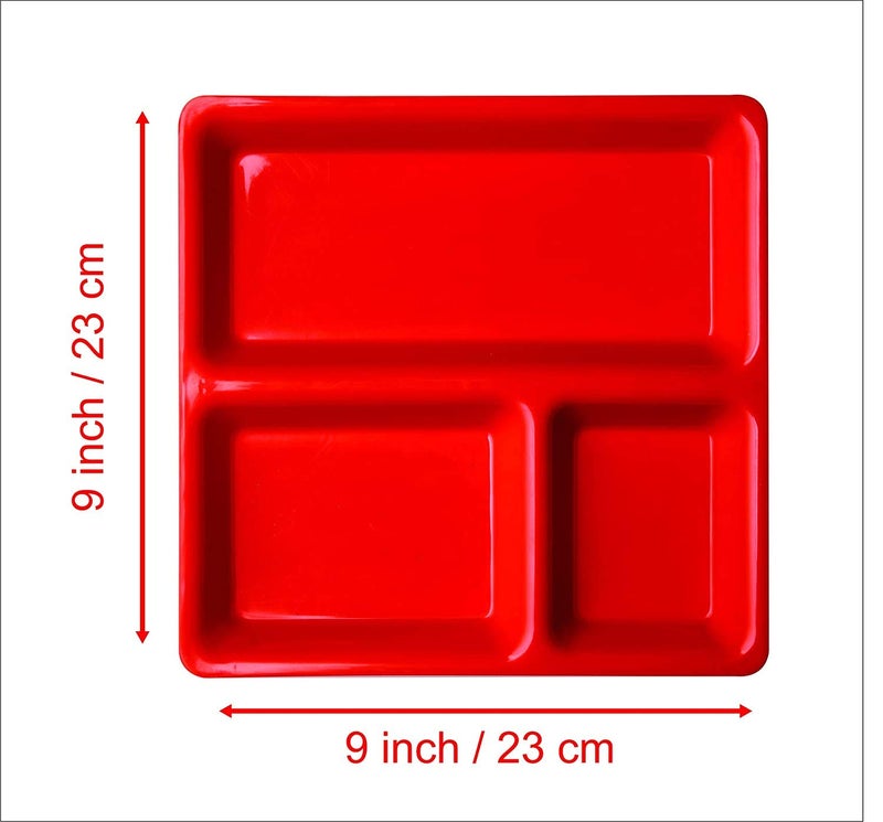 URMILA PLASTIC® Food-Grade Plastic 3 in 1 Compartments Pav Bhaji Plate Dinner Plates Serving Plates Red Set of 12 - Image 3