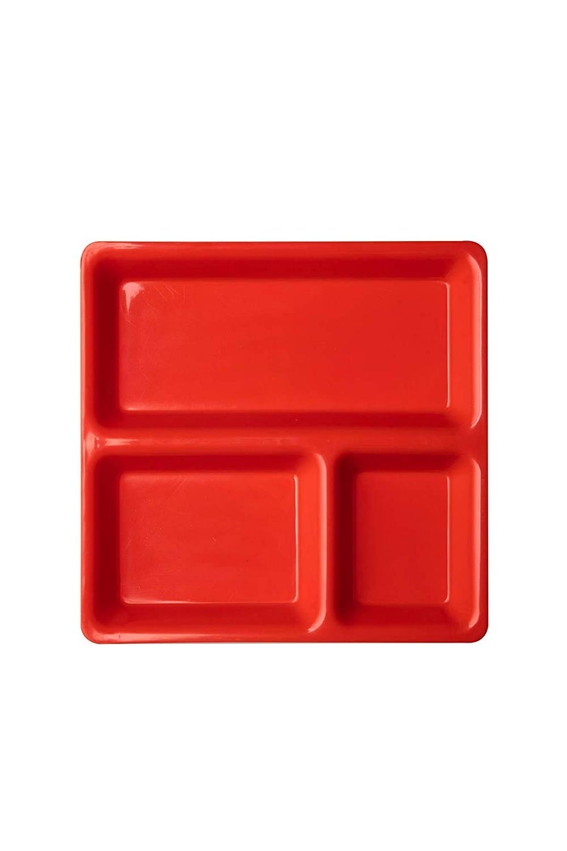 URMILA PLASTIC® Food-Grade Plastic 3 in 1 Compartments Pav Bhaji Plate Dinner Plates Serving Plates Red Set of 12 - Image 2