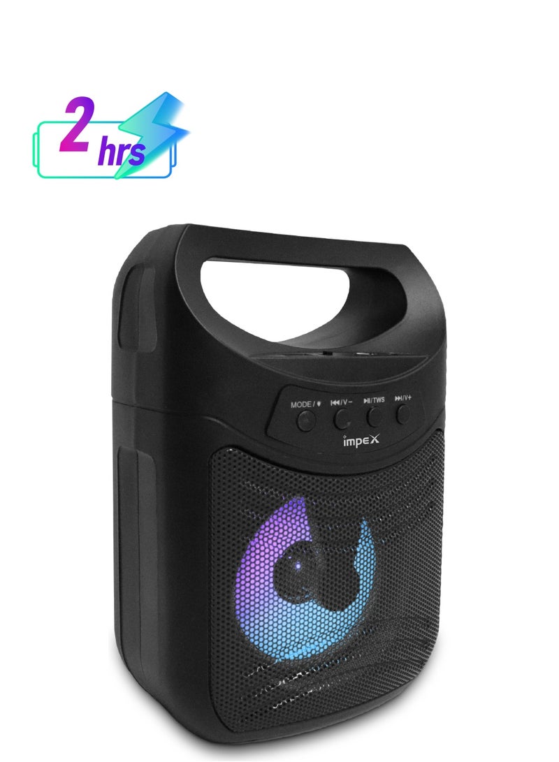 Impex Portable Bluetooth Speaker, 300W PMPO, 4-Inch Speaker, 7 Colored LED Lights, 800mAh Battery, Bluetooth 5.1, USB, Micro SD, AUX, FM, MIC, TWS Support, Type-C Charging, 10m Range, Black - MOLTO Black - Image 1