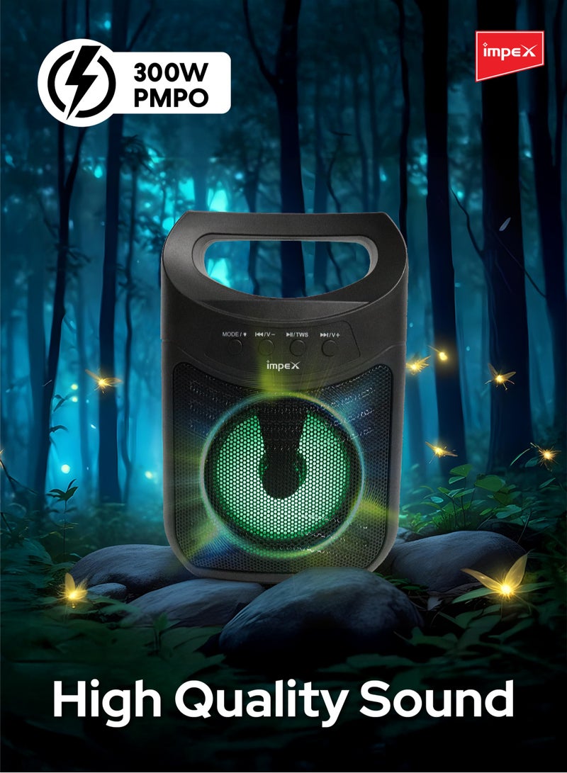 Impex Portable Bluetooth Speaker, 300W PMPO, 4-Inch Speaker, 7 Colored LED Lights, 800mAh Battery, Bluetooth 5.1, USB, Micro SD, AUX, FM, MIC, TWS Support, Type-C Charging, 10m Range, Black - MOLTO Black - Image 3