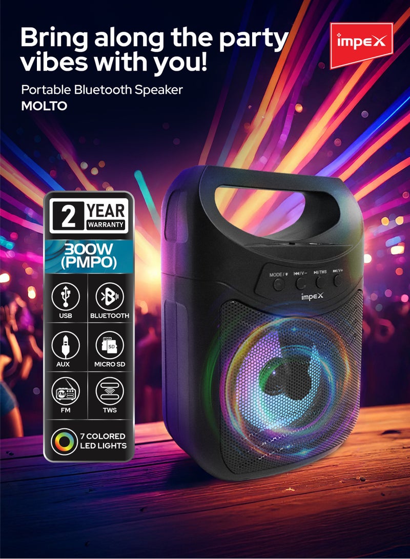 Impex Portable Bluetooth Speaker, 300W PMPO, 4-Inch Speaker, 7 Colored LED Lights, 800mAh Battery, Bluetooth 5.1, USB, Micro SD, AUX, FM, MIC, TWS Support, Type-C Charging, 10m Range, Black - MOLTO Black - Image 2