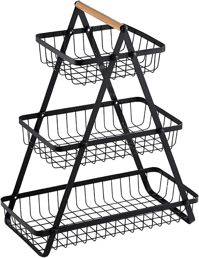 UREVO 3-Tier Fruit Basket with Wooden Handle - Detachable Metal Vegetable Storage Rack for Kitchen, Home, Office - Image 3