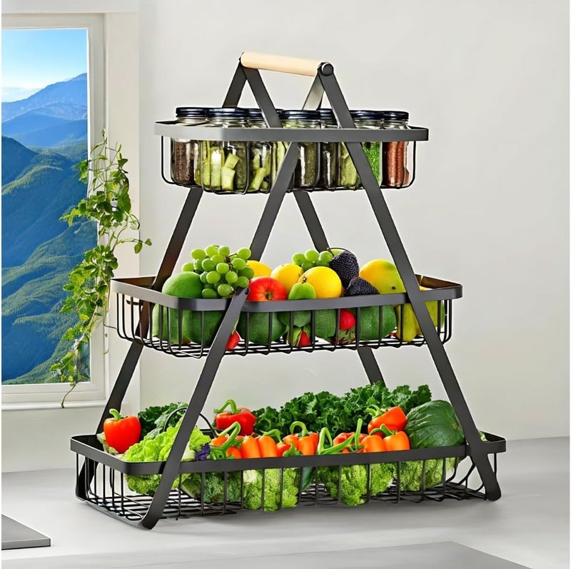 UREVO 3-Tier Fruit Basket with Wooden Handle - Detachable Metal Vegetable Storage Rack for Kitchen, Home, Office - Image 5