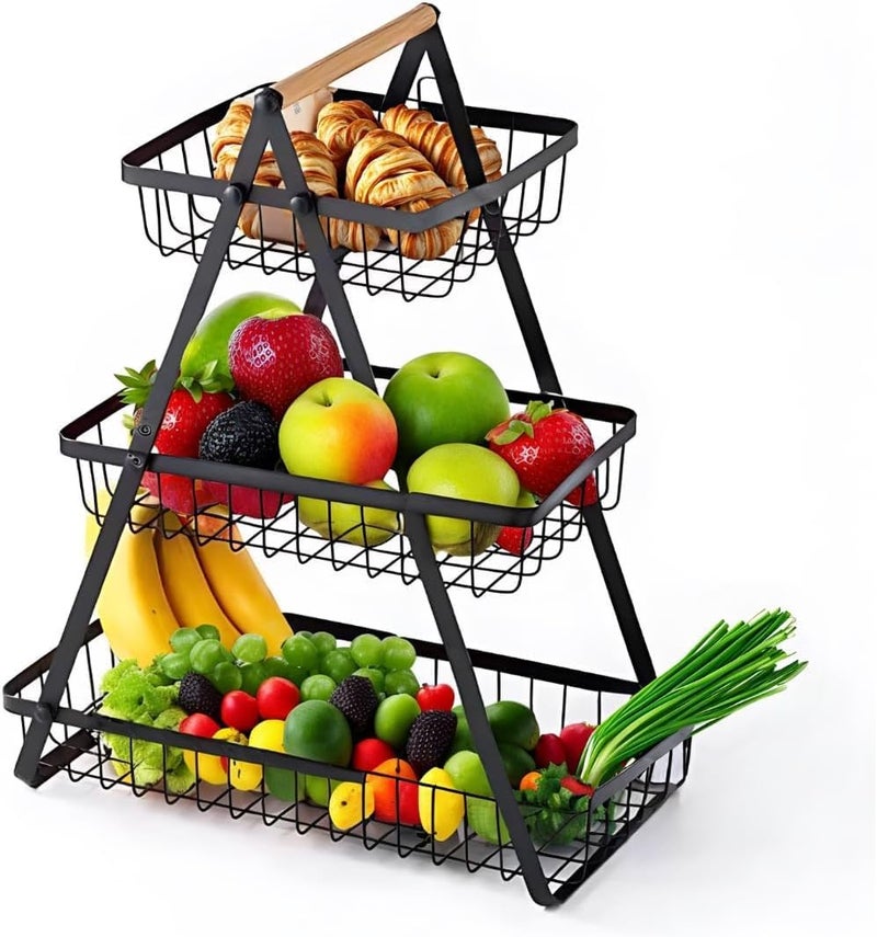 UREVO 3-Tier Fruit Basket with Wooden Handle - Detachable Metal Vegetable Storage Rack for Kitchen, Home, Office - Image 1