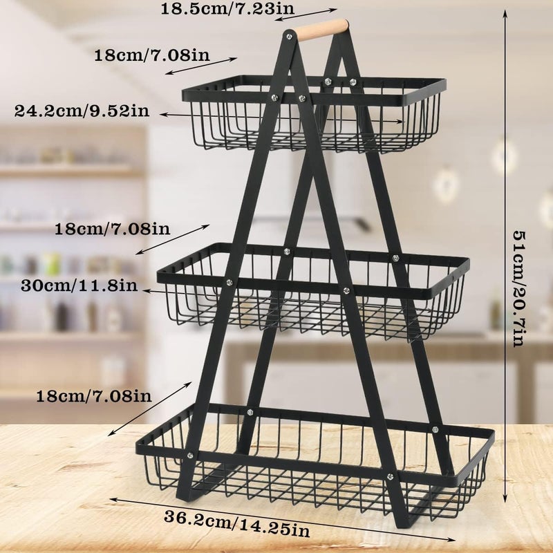 UREVO 3-Tier Fruit Basket with Wooden Handle - Detachable Metal Vegetable Storage Rack for Kitchen, Home, Office - Image 2