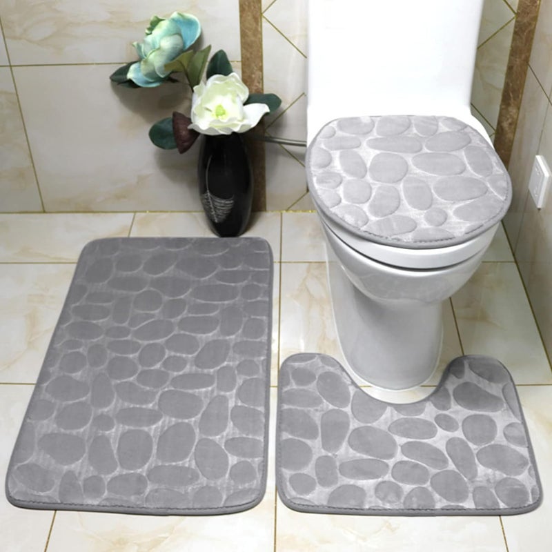 MOSHTU 3PCS Toilet Bath Mat Soft Polyester Safe Cobblestone Embossed Toilet Lid Cover Mat Machine Washable for Bathroom Non Slip Floor Mat (Grey) - Image 1