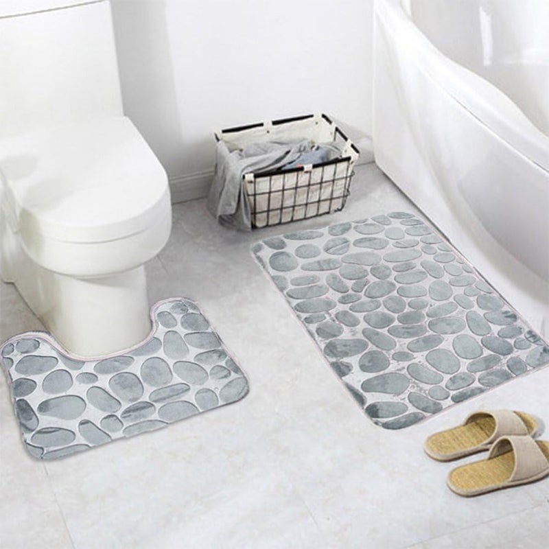 MOSHTU 3PCS Toilet Bath Mat Soft Polyester Safe Cobblestone Embossed Toilet Lid Cover Mat Machine Washable for Bathroom Non Slip Floor Mat (Grey) - Image 2