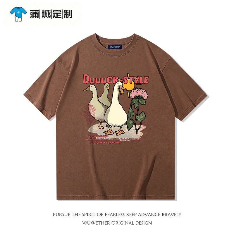American Retro Niche Khaki Short-Sleeved T-Shirt Men'S Summer Cartoon Duck Heavy Cotton Loose Boys Half-Sleeved - Image 1