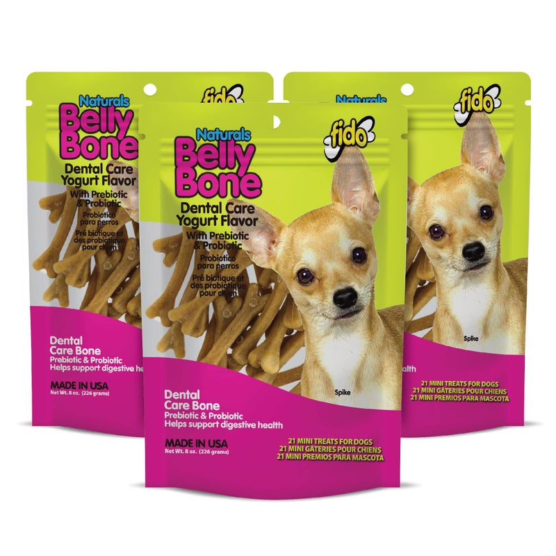 Fido - Belly Bones for Dogs, Yogurt Flavored Mini Dog Dental Treats - 21 Treats Per Pack, 3 Pack - for Small Dogs, Made in USA, Plaque & Tartar Control, Fresh Breath, Digestive Health Support - Image 1