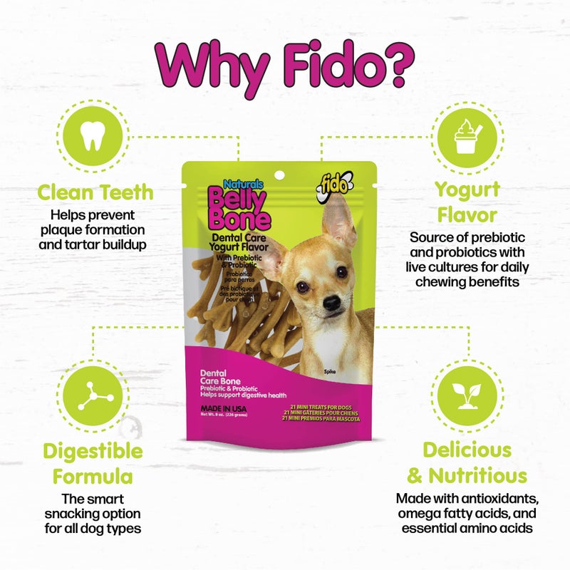 Fido - Belly Bones for Dogs, Yogurt Flavored Mini Dog Dental Treats - 21 Treats Per Pack, 3 Pack - for Small Dogs, Made in USA, Plaque & Tartar Control, Fresh Breath, Digestive Health Support - Image 3