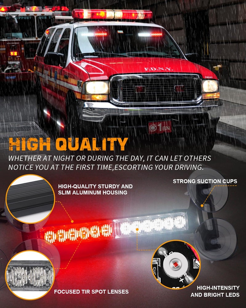 XRIDONSEN 2x 10.7 inch Red White Emergency Lights 24 LED Strobe Warning Flashing Safety Dash Side Window Front/Rear Windshield First Responder Lights for Volunteer Firefighter Vehicles POV Trucks - Image 3