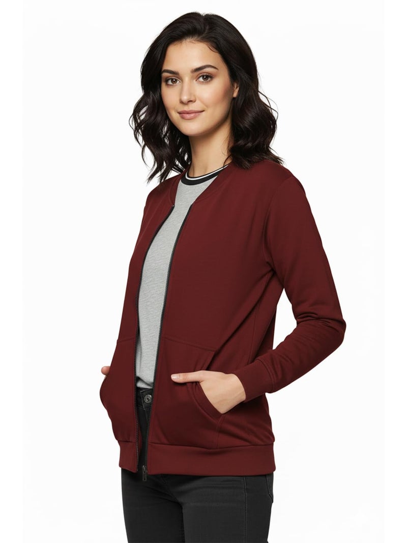 LEOTUDE Full Sleeve Loose Fit Side Pocket Bomber Jacket For Women (GRL_JKT02_BLK_C1_P_Maroon_L) - Image 2