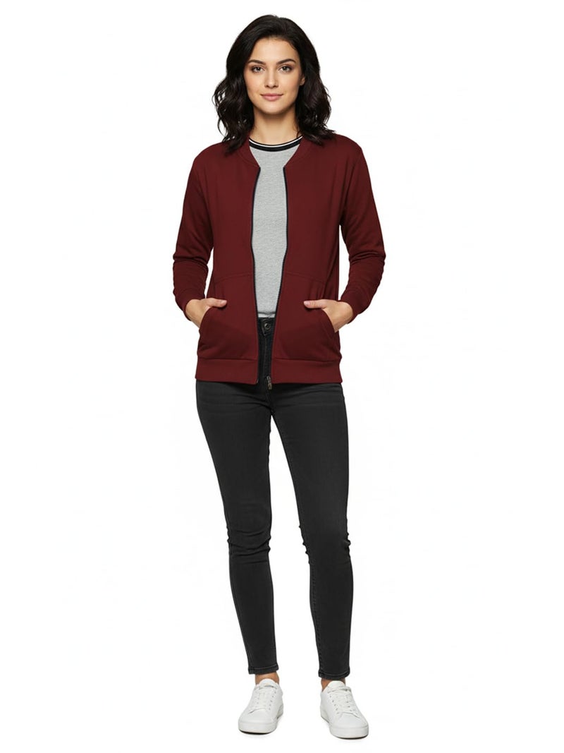 LEOTUDE Full Sleeve Loose Fit Side Pocket Bomber Jacket For Women (GRL_JKT02_BLK_C1_P_Maroon_L) - Image 4
