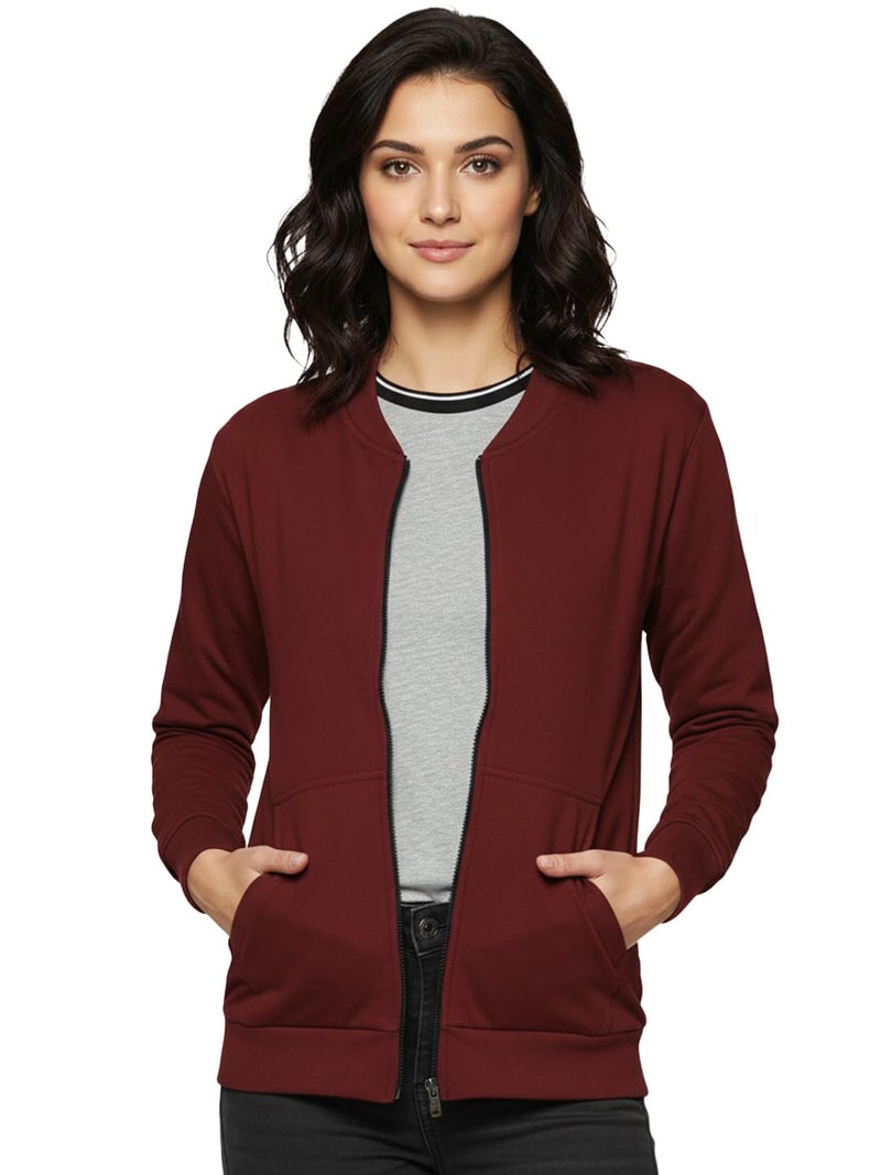 LEOTUDE Full Sleeve Loose Fit Side Pocket Bomber Jacket For Women (GRL_JKT02_BLK_C1_P_Maroon_L) - Image 1