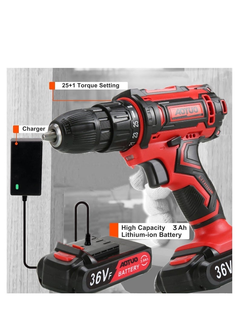 AOTUO 36V Cordless Drill Set – 1350RPM High Torque, 25+1 Clutch, 2x 3Ah Batteries, 102-Piece Accessory Kit for DIY & Professional Projects - Image 4