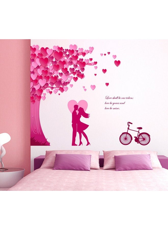 Decals Design Decals Design 'Romantic Couple Under The Heart Leaves Tree and Love Quote with Bicycle' Wall Sticker (PVC Vinyl, 90 cm x 60 cm, Multicolour)  - Image 1