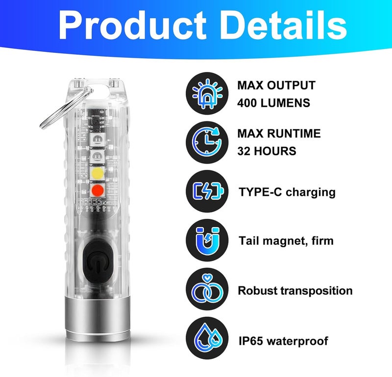 tinshow Mini Powerful Torch LED Super Bright 400LM USB-C Rechargeable Keychain Flashlight with UV Red Blue Light - Image 3