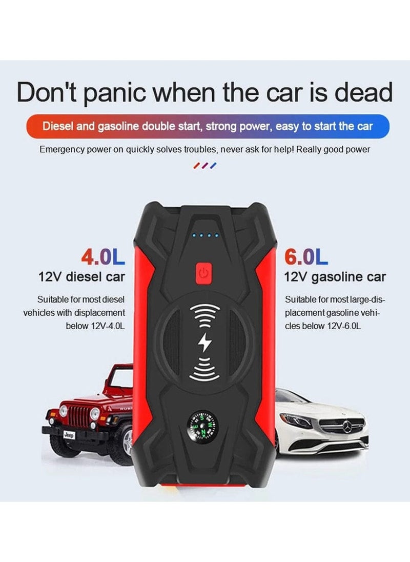 Generic J13 LED Display Car Jump Starter 12V Car Emergency Starter 12000mAh Cell Phone Power Bank Support Wireless Charging, Emergency Flashlight, 12V Lithium Battery Booster  Red  - Image 2