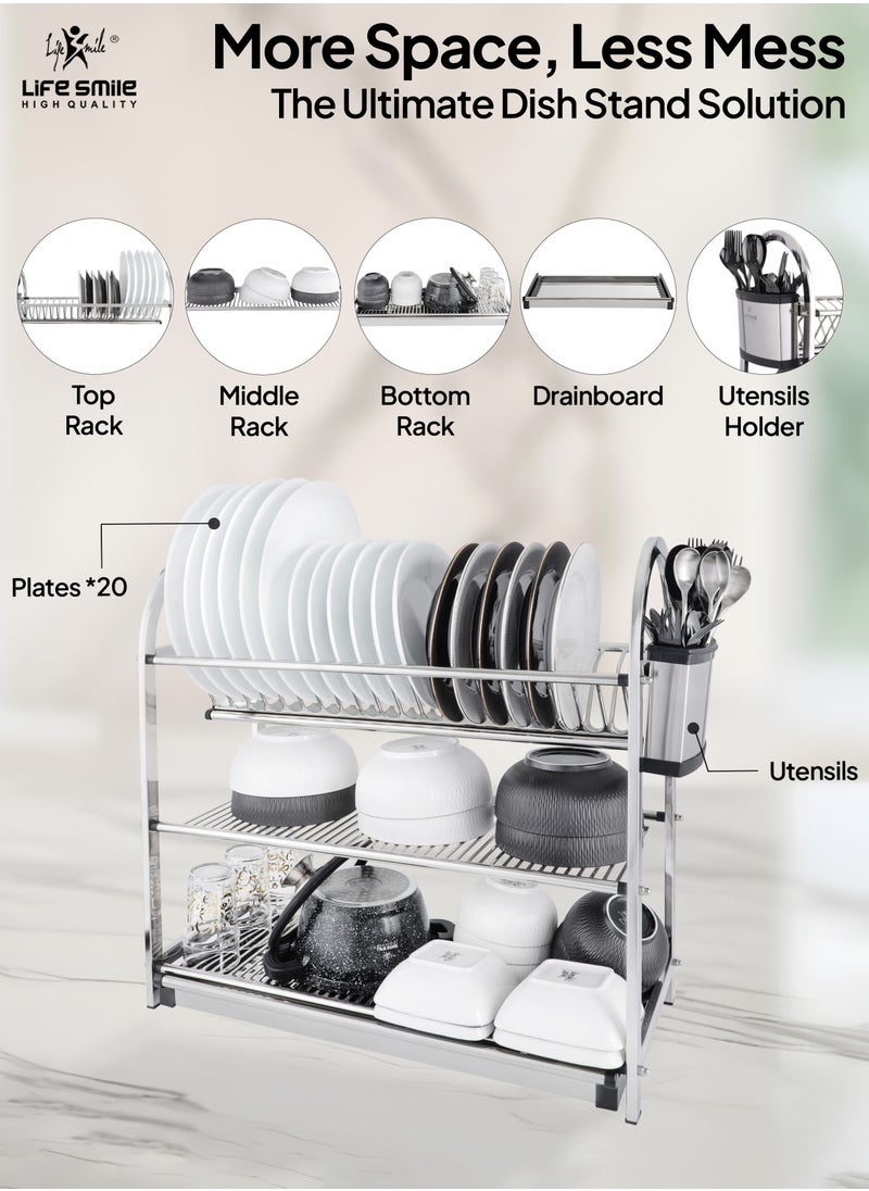 LIFE SMILE Dish Rack - 3 Tier Countertop Dish Drying Stand With Removable Drip Tray - Pure Stainless Steel with Removable Utensil Holder - Anti Slip and Rust Proof Dish Drainer - pzsku/ZC3272B724B5CB3E39A22Z/45/_/1730554909/e1ba8eb0-6f60-412b-9f9c-a6b6ca92f9bd