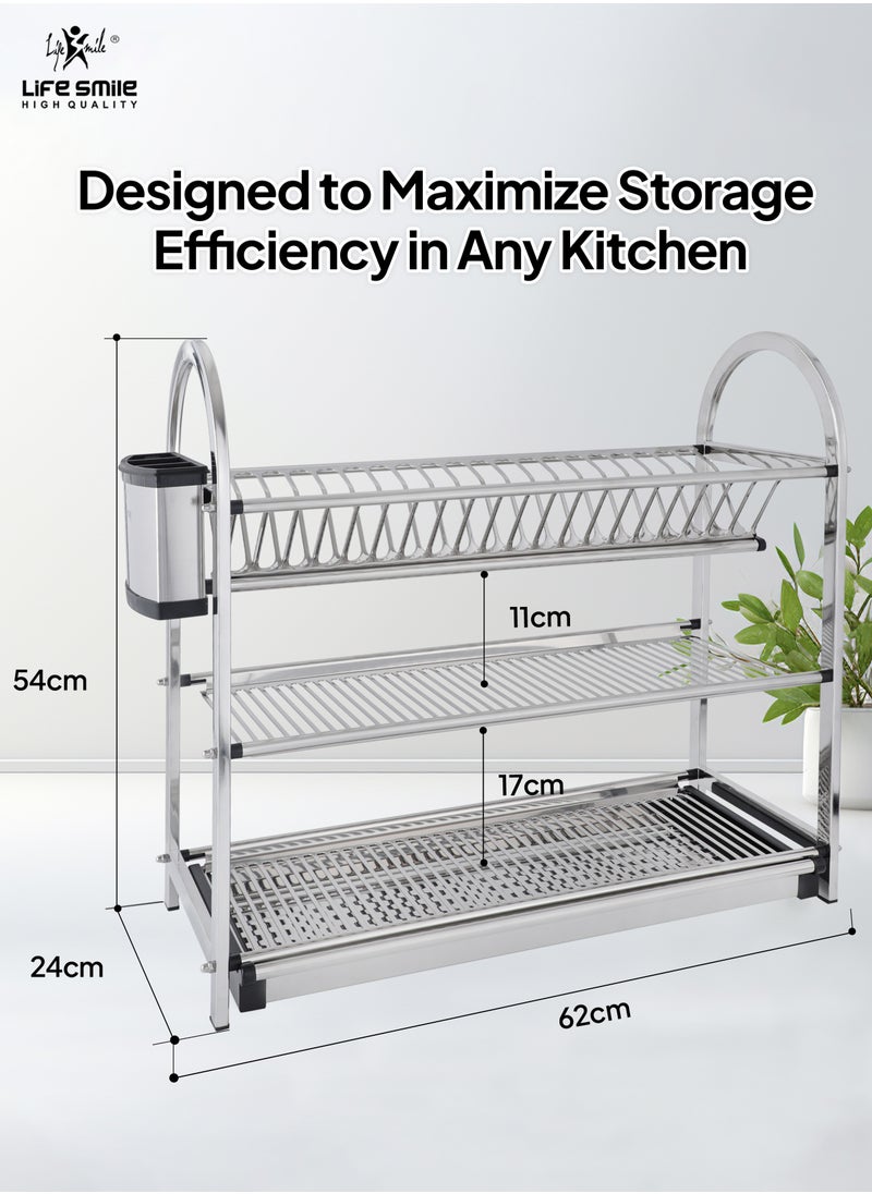 LIFE SMILE Dish Rack - 3 Tier Countertop Dish Drying Stand With Removable Drip Tray - Pure Stainless Steel with Removable Utensil Holder - Anti Slip and Rust Proof Dish Drainer - pzsku/ZC3272B724B5CB3E39A22Z/45/_/1730554910/db5c26b0-c3a9-4c72-8186-75b4f2f289b9