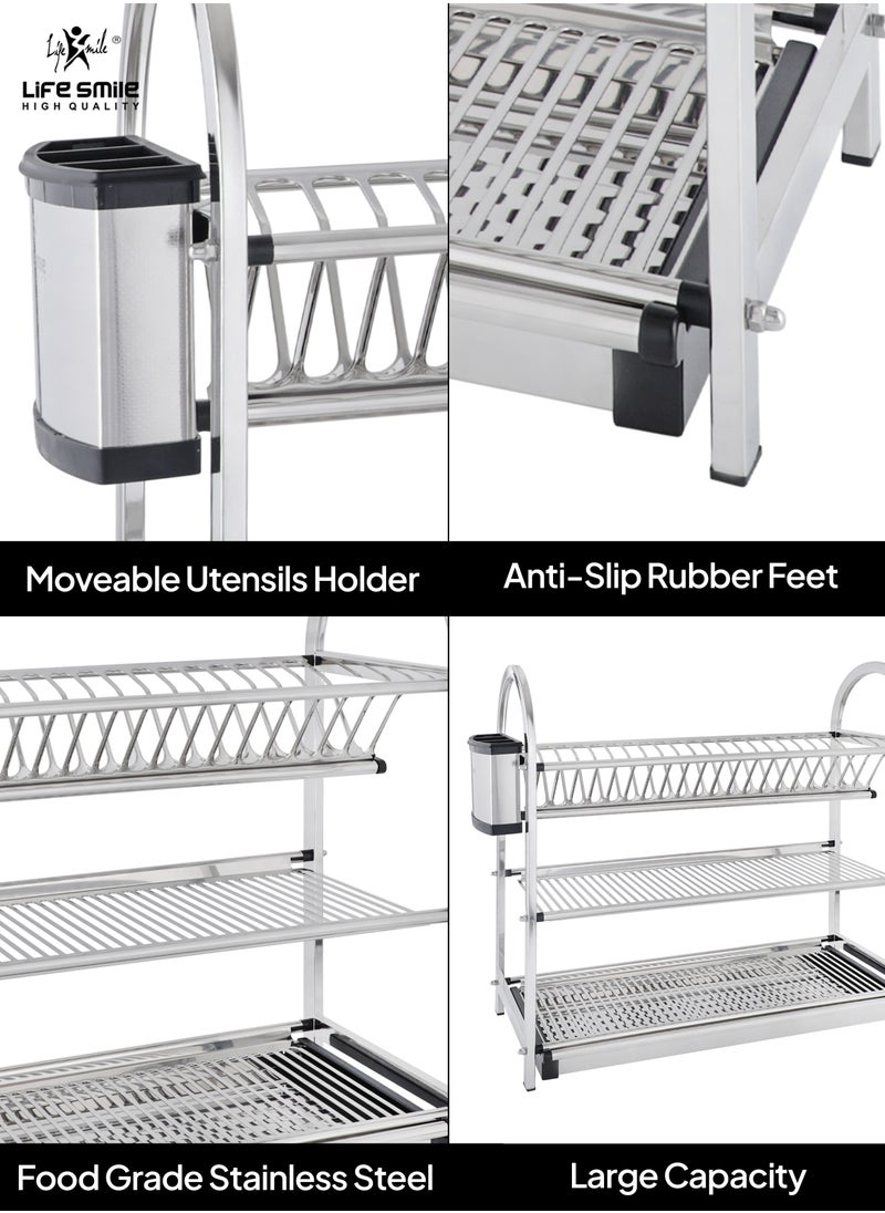 LIFE SMILE Dish Rack - 3 Tier Countertop Dish Drying Stand With Removable Drip Tray - Pure Stainless Steel with Removable Utensil Holder - Anti Slip and Rust Proof Dish Drainer - pzsku/ZC3272B724B5CB3E39A22Z/45/_/1730554911/2de47a41-626d-4d3d-9ee4-707201a766ba
