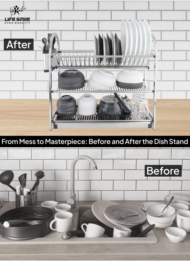 LIFE SMILE Dish Rack - 3 Tier Countertop Dish Drying Stand With Removable Drip Tray - Pure Stainless Steel with Removable Utensil Holder - Anti Slip and Rust Proof Dish Drainer - pzsku/ZC3272B724B5CB3E39A22Z/45/_/1730554919/171e24c4-49f4-464a-8e48-6e9bf89401f3