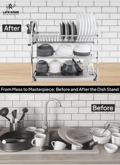 Life Smile LIFE SMILE Dish Rack - 3 Tier Countertop Dish Drying Stand With Removable Drip Tray - Pure Stainless Steel with Removable Utensil Holder - Anti Slip and Rust Proof Dish Drainer  - Image 5