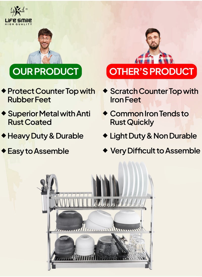 LIFE SMILE Dish Rack - 3 Tier Countertop Dish Drying Stand With Removable Drip Tray - Pure Stainless Steel with Removable Utensil Holder - Anti Slip and Rust Proof Dish Drainer - pzsku/ZC3272B724B5CB3E39A22Z/45/_/1730554929/464879c8-4baa-4ead-bb81-a0ad8ae168a4