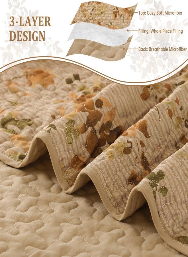 Dobuyly Fall Quilt Set King Size, Khaki Floral Bedspreads Coverlet Set, 3 Pieces Soft Lightweight Microfiber Botanical Flowers Quilt Bedding Set for All Seasons 110"x90" - Image 5
