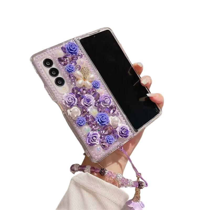 Protective Case | Purple | Crystal | 3D Crystal Flower | Chain Lanyard | Cover for Samsung Galaxy Z Fold 6 - Image 4
